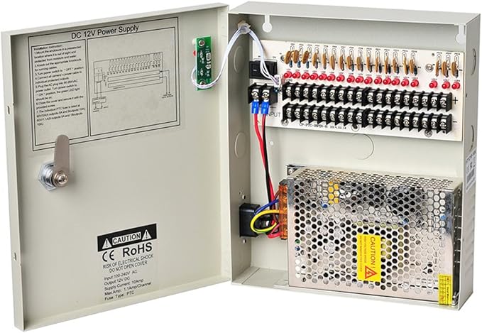 18 Channel Output 12V DC 10A Auto Reset Fuse Distributed Power Supply Switch Box for CCTV DVR Security Camera