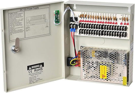 18 Channel Output 12V DC 10A Auto Reset Fuse Distributed Power Supply Switch Box for CCTV DVR Security Camera