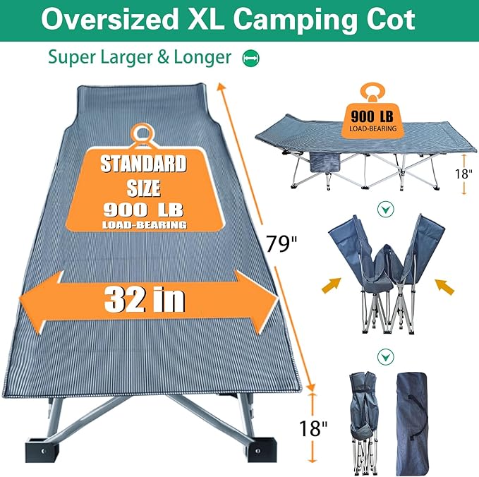 79" L x 32" W x 18" H Oversize Camping Cot with Comfortable Mattress XXL Sleeping Cots for Adults Camping Bed Folding Cot Heavy Duty with Carry Bag for Home Travel Outdoor Indoor