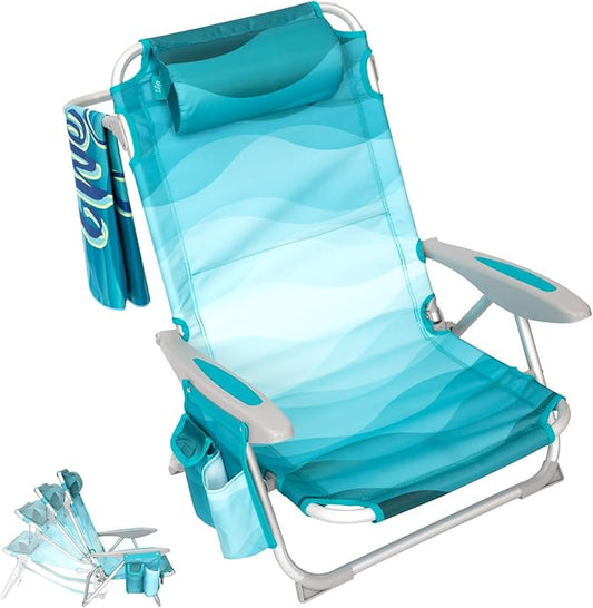 #WEJOY Folding Beach Chair for Adults, 4-Position Aluminum Lightweight Beach Chair, Low Sands Chairs with Shoulder Strap, Cup Holder and Padded Headrest, Supports 265lbs for Lawn