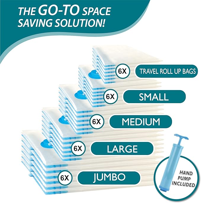 30 Pack Vacuum Storage Bags, Space Saver Vacuum Storage Bags, Vacuum Seal Bags for Clothing, Clothes, Comforters and Blankets, Hand Pump Included