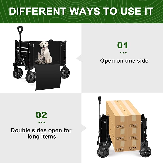 Collapsible Wagon Carts,Folding Wagon Cart with All Terrain Wheels,Heavy Duty Garden Carts with Adjustable Handle,Outdoor Utility Wagon for Camping Shopping Sports Fishing (Black)