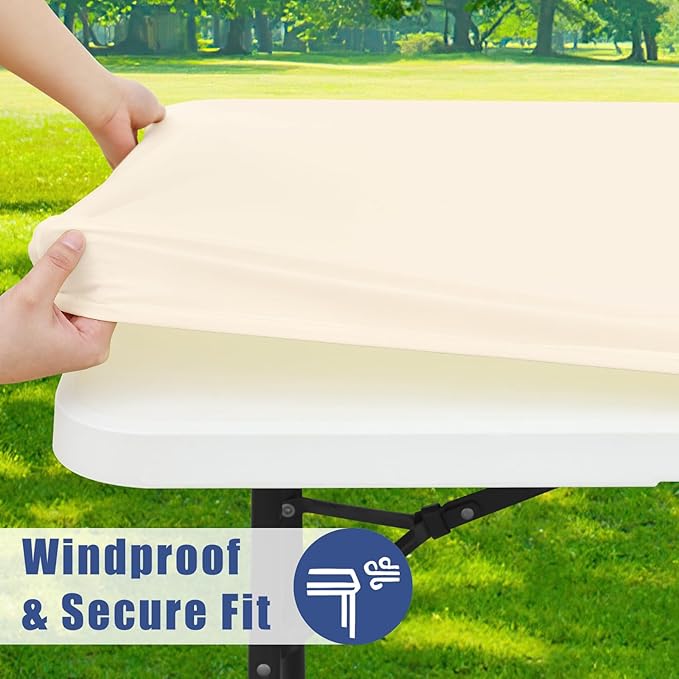 Spandex Picnic Table Cloth 2 Pack, Elastic Fitted Tablecloths for 4 Foot Rectangle Tables, Stretch Washable Patio Table Cover for Outdoor, Camping, Banquet and Parties (Champagne, 30"x48")
