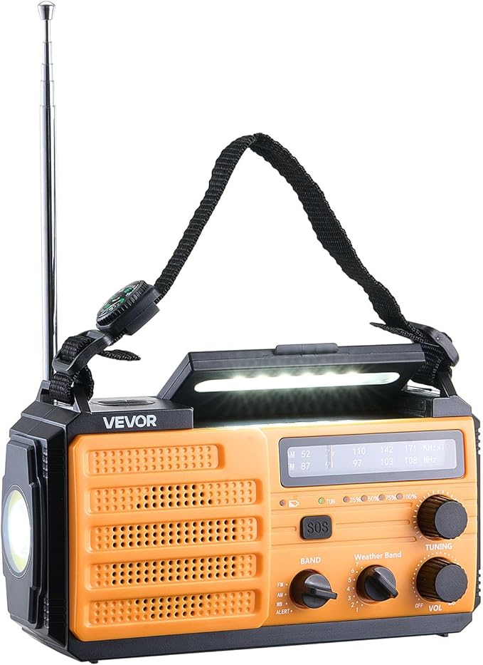 VEVOR Emergency Weather Radio, 8000mAh Battery, FM/AM/WB/NOAA Alert Solar Hand Crank Emergency Radio, Type-C Charging, USB Cable, SOS Alarm and Flashlight, Portable for Outdoor Emergencies, Camping