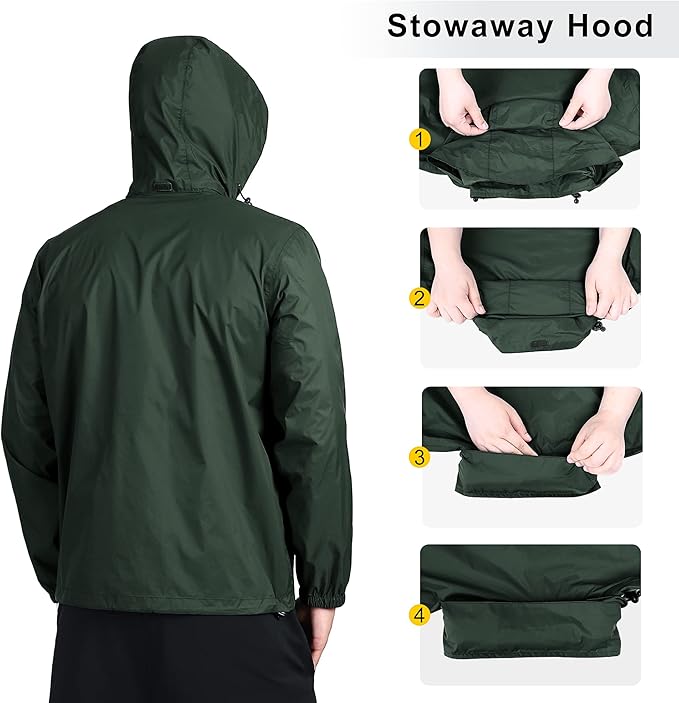 Outdoor Ventures Men's Rain Jacket Waterproof Lightweight Packable Rain Shell Raincoat with Hood for Golf Hiking Travel