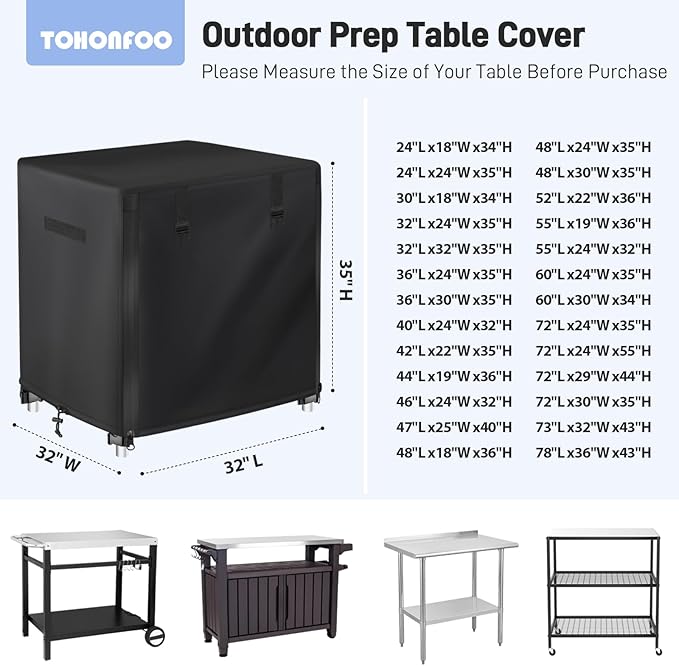 Outdoor Prep Table Cover with Split Zipper - Waterproof Stainless Steel Metal Table - Grill Cart - 32" L x 32" W x 35" H