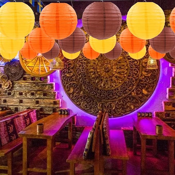 12 Pcs Fall Paper Lanterns Thanksgiving Decorations Yellow Orange and Brown Paper Lanterns Autumn Decorative Round Hanging Party Decorations Harvest Theme Party Supplies