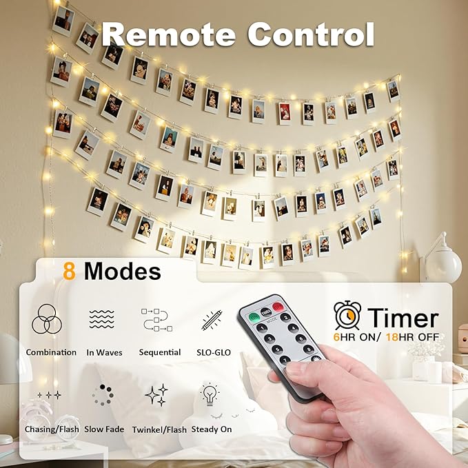 suddus 33ft 100 LED Fairy Lights with Clips for Pictures, Photo Lights with Remote USB Powered & Battery Operated with 45 Clear Clips, String Lights for Party, Bedroom, Decoration, Warm White