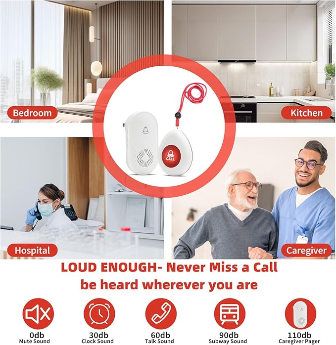 Wireless Caregiver Pager SOS Call Button for Elderly Monitoring 1000+ Feet Life Alert，Emergency Alert System Call Bell for Nurse Patient Disabled 1 Waterproof Transmitter & 1 Plugin Receiver