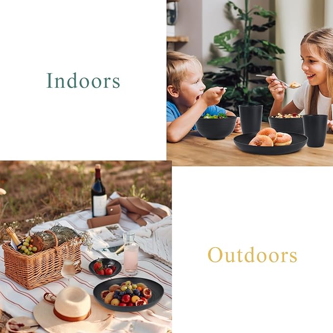 Wheat straw dinnerware sets of 16-10 inches plates,26oz bowls,2oz dipping bowls,12ozcups - Unbreakable plates and bowls sets microwave safe and dishwasher safe,service for 4. Black