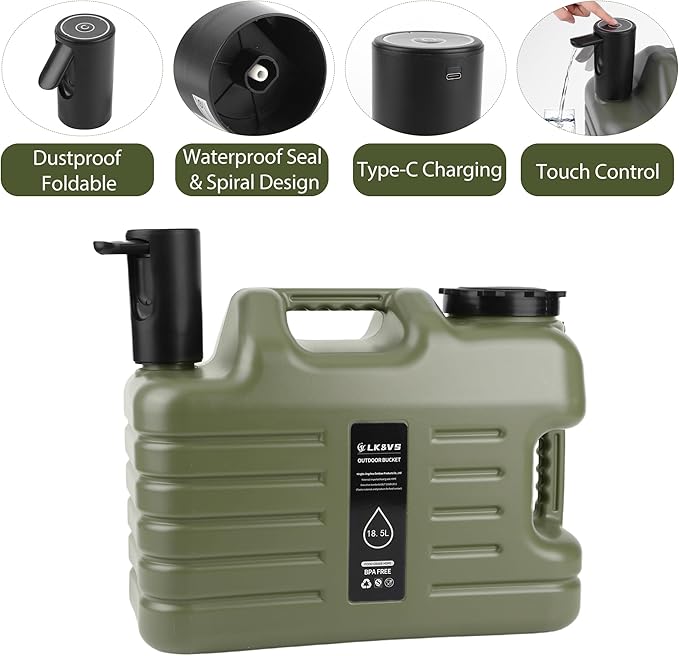 5 Gallon Water Jug with Foldable Auto Pump, BPA-Free Leak-Proof Camping Water Container Spigot, Type-C Rechargeable, Portable Water Dispenser Tank for Hiking, Outdoors & Emergency Water Storage