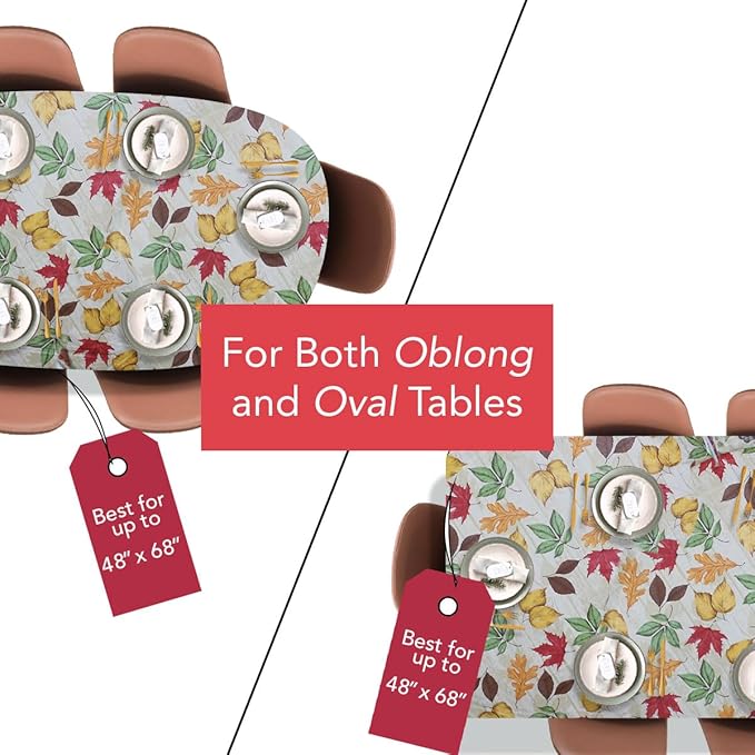 LAMINET Elastic Fitted Table Cover - All-Over Leaves - Oblong/Oval - Fits Tables up to 48 x 68”