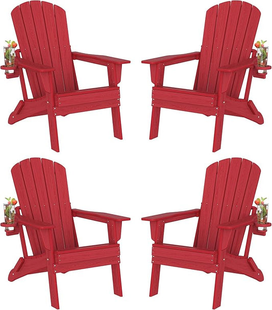 Folding Adirondack Chair Set of 4, SGS Tested, Wooden Textured with Cup Holder, Heavy All-Weather HDPE Comfortable Set Poolside Backyard Lawn,Red