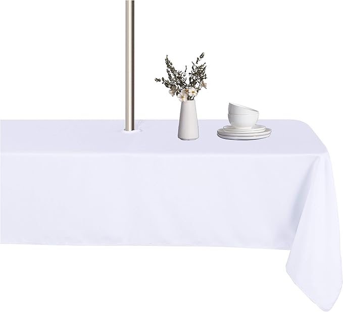 LUSHVIDA Rectangle Outdoor Tablecloth with Umbrella Hole and Zipper, 60x120 Inch White, Washable Waterproof Table Cloth Spill Proof Wrinkle Free Table Cover for Patio Spring Summer Picnic BBQS