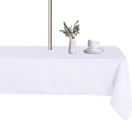 LUSHVIDA Rectangle Outdoor Tablecloth with Umbrella Hole and Zipper, 52x70 Inch White, Washable Waterproof Table Cloth Spill Proof Wrinkle Free Table Cover for Patio Spring Summer Picnic BBQS