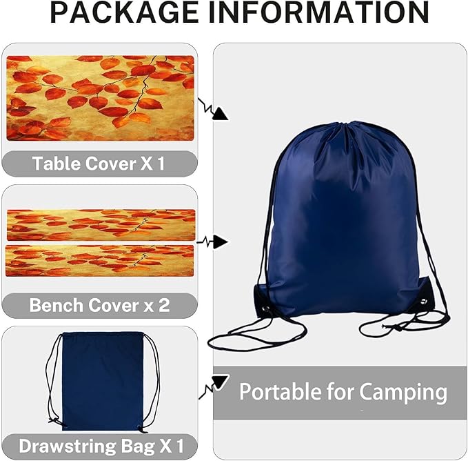 CAPSCEOLL Elastic Picnic Table Cover with Bench Covers 5Ft Waterproof Fitted Picnic Table Cover Cloths for Outdoors Camping Tablecloth with Drawstring Bag, 60X30in, Burnt Orange Leaves