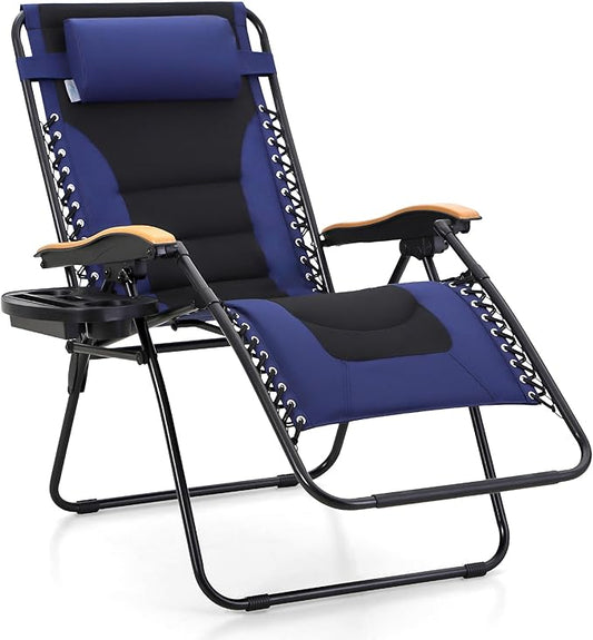 MFSTUDIO Zero Gravity Chairs, Oversized Patio Recliner Chair, Padded Folding Lawn Chair with Cup Holder Tray, Support 400lbs, Navy Blue