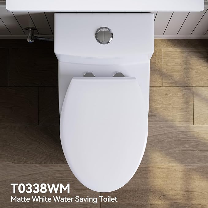 HOROW T0338WM Elongated One Piece Toilet Matte White, ADA Toilet 17.3" with Comfort Chair Height Seat, 0.8/1.28 GPF Powerful Dual Flush Toilet for Bathroom, MAP 1000g, 12" Rough-in Skirted Toilet Bowl