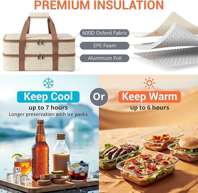 Double Insulated Casserole Carrier for Hot or Cold Food,Pie Carrier Bag Lunch Tote for Potluck Parties/Picnic/Cookouts, Fits 9"x13" Baking Dish, Beige