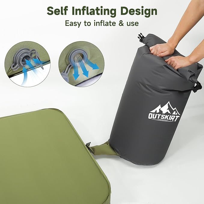OUTSKIRT Camping Mattress, Self Inflating Sleeping Pad with Pump Sack, Foam Camping Pad for Sleeping, 4” Thickness Sleeping Mat for Camp/Travel/Car/Tent, 4 Season Camp Air Mattress