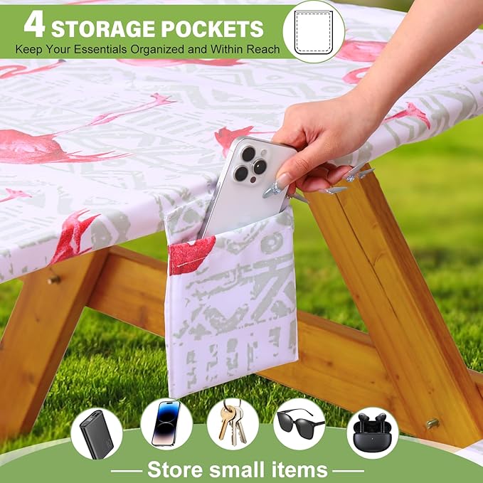 Fitted Picnic Table Cover with Bench Covers Vinyl Waterproof Elastic Edges Fitted Rectangle Tables Patio Tablecloth Camping Gear and Essentials Rv Accessories Road Trip Supplies Car Travel Must Haves