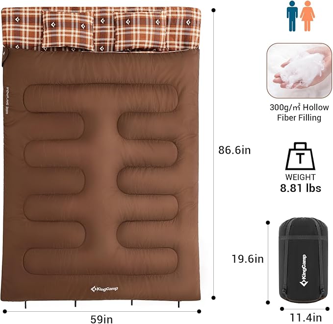 KingCamp Double Sleeping Bag for Adults, Queen Size 2 Person XXL Flannel Sleeping Bag, Waterproof Lightweight Flannel Quilt with 2 Pillows, Perfect for Couples Family Camping Hiking