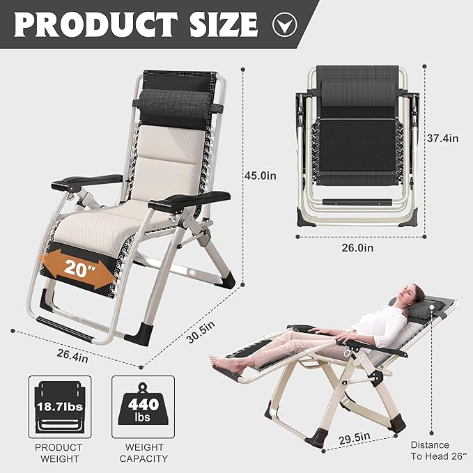 ABORON Padded Zero Gravity Chair,Premium Outdoor Lawn Folding Lounge Chairs,Sturdy Adjustable Reclining Patio Chairs with Headrest & Tray