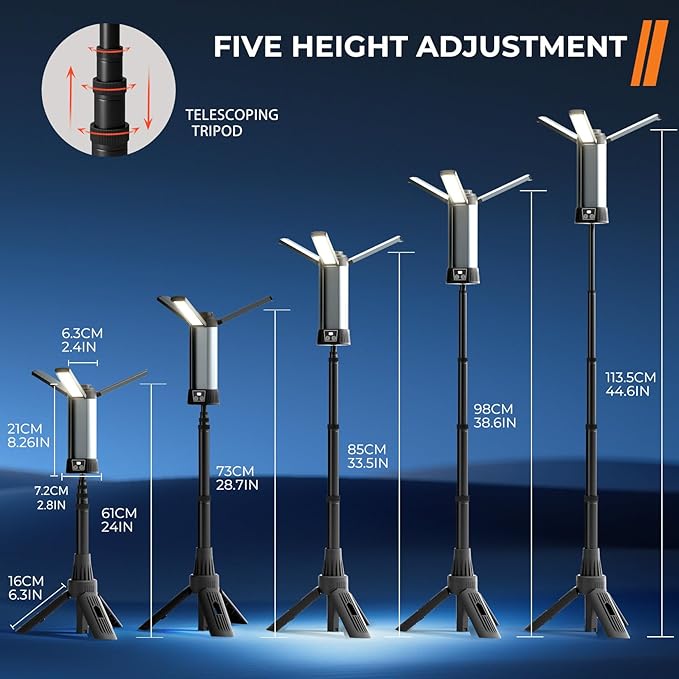Rechargeable Camping Light with Stand, Outdoor LED Cordless Work Light with Portable Telescopic Bracket, 6AH Battery, 2000 Lumen Construction Lights with Carrying Bag