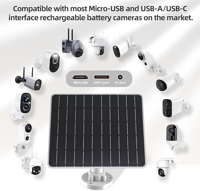 FlexSolar 6W Solar Panel for Security Cameras, IP67 Waterproof with 3 Output Ports (Type-C/Micro-USB/Lighting), 10ft Cable & 360° Adjustable Mount