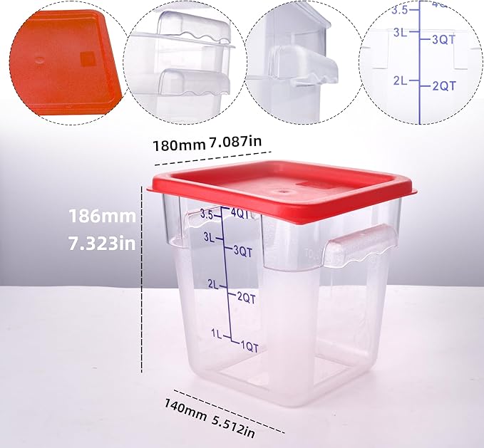 2 Pack RED Square Food Storage Container With Lid,2-12 Quart Commercial Storage Box With Scale & Handle,Cake Making,Dough Marinating Meat,Kitchen Supplies (4 Quart)