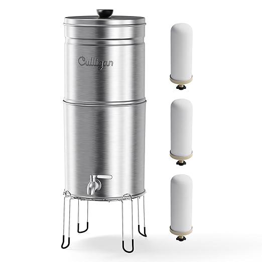 Culligan with MaxClear Technology 3 Gallon Gravity Water Filter System, Brushed Countertop Ceramic Water Filter NSF/ANSI Certified to Reduce Lead, Microplastics & Total PFAS, with 3 Filters