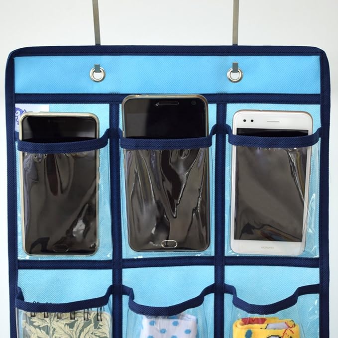 NIMES Hanging Closet Underwear Sock Jewelry Storage Over The Door Classroom Cell Phone Calculator Organizer 12 Clear Pockets (Blue)