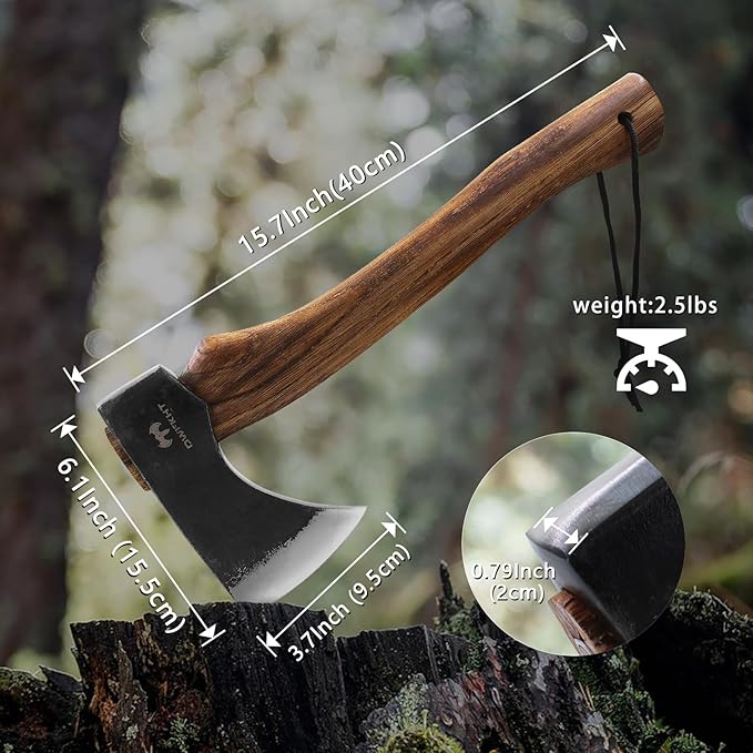 15.7" Hatchet Axe, Camping Hatchet, Hand-Forged Axe with Sheath for Wood Chopping, Splitting, and Carving, Bushcraft Axe with Beech Handle for Outdoor Survival and Garden Work
