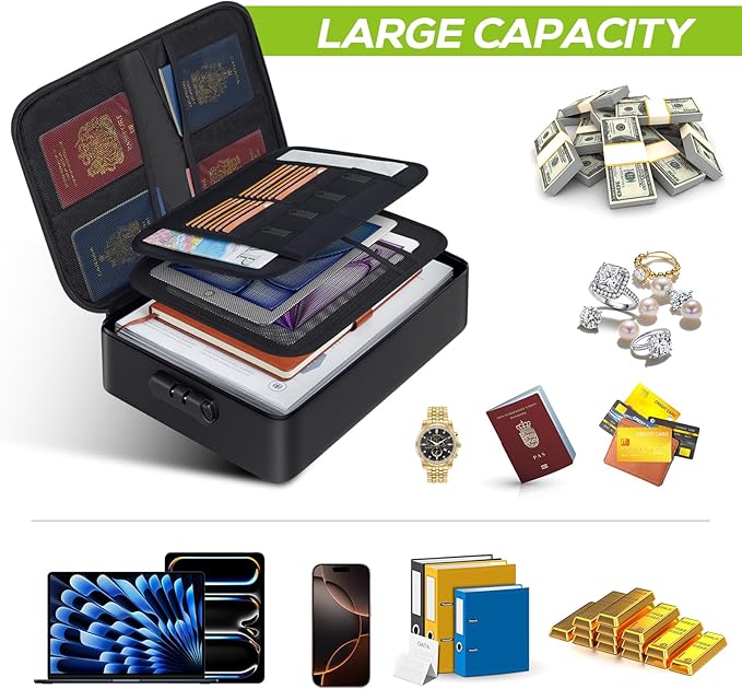 Fireproof Document Bag with Lock, Upgraded Fireproof, Heat Insulated & Waterproof Box for Document,Portable Storage for Home and Travel, Suitable for Document and Laptop
