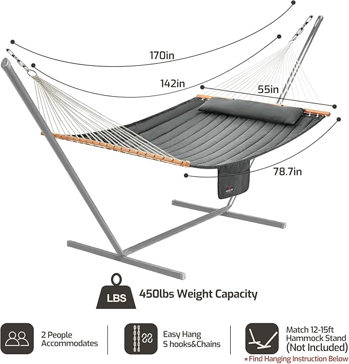 Double Quilted Fabric Hammock with Hardwood Spreader Bars and Pillow 450 LBS Capacity 2 Person Large Hammock for Outdoor Patio Backyard Poolside - Dark Grey