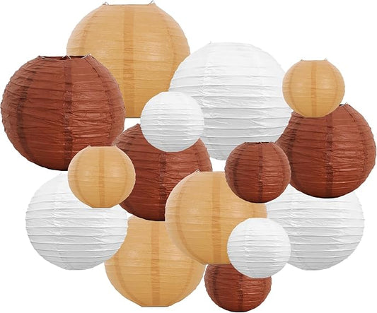 BEISHIDA 16 Pcs Brown Mix Paper Lanterns,Hanging Decorative Chinese Japanese Round Paper Lantern Lamp for Bachelorette Party Father's Day Retirement PartyDecoration