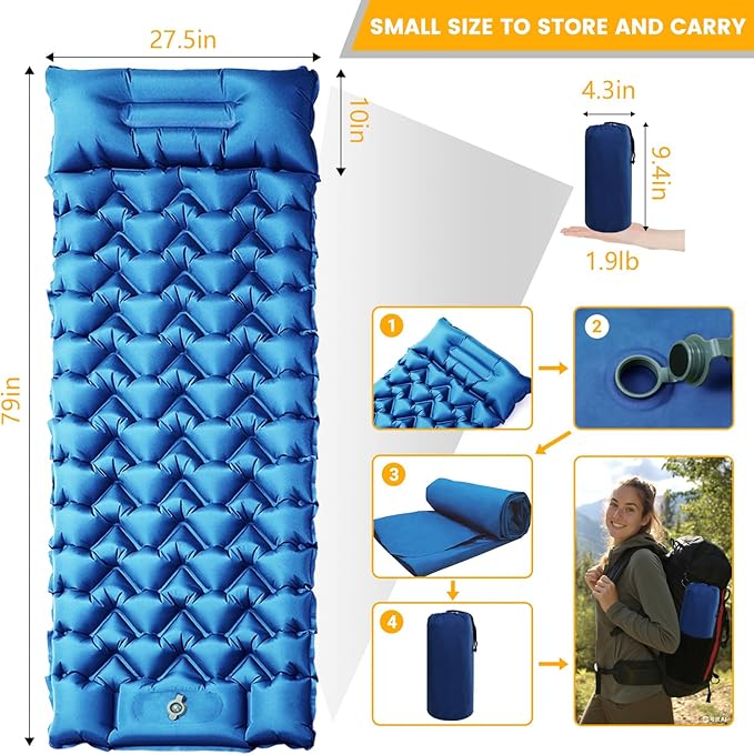Sleeping Pad, Compact Sleeping Pad for Camping with Pillow Built-in Foot Pump, Inflatable Sleeping Mat for Travel Backpacking Hiking Sleeping Bag Tent, Outdoor Adventure Camp Gear