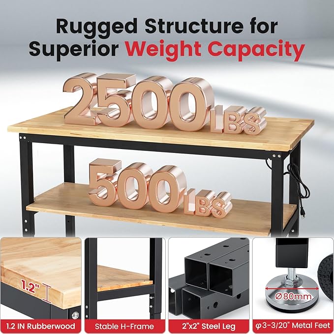 Work Table for Garage 60 Inch Workbench with Storage Adjustable Height Rubber Wood Tabletop Work Bench with Power Outlets Pegboard Pad for Cutting Wood Shop Woodworking Home Office