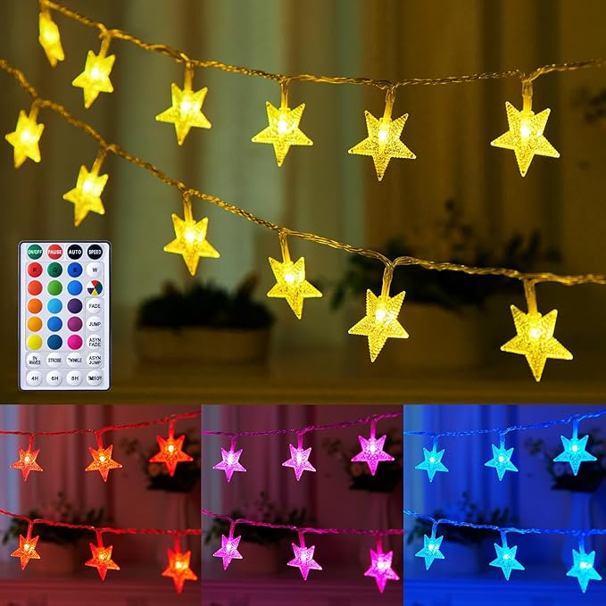 Minetom Color Changing Star String Lights - 17 ft 50 LED Star Fairy Lights with Remote and Timer, 16 Colors and 7 Modes, USB Powered String Lights for Bedroom Tent Patio Xmas Party Indoor Decor