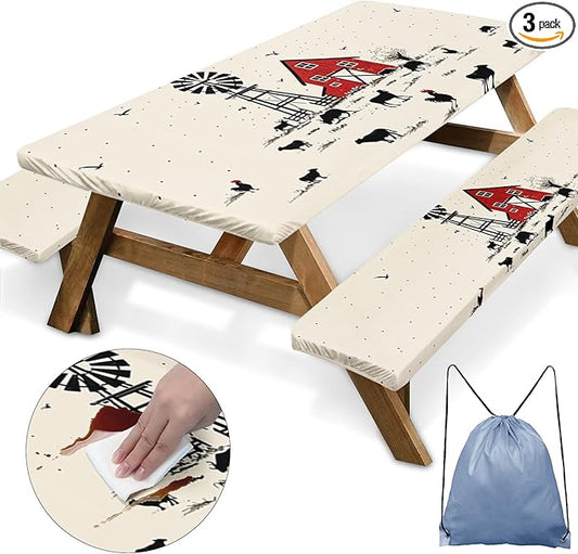 Picnic Table Cover with Bench Covers Elastic Edges, Farmhouse Camper Fitted Table Cover, Patio Camping Essentials 72 Inch 3PCS, Waterproof Camping Fitted Tablecloth with Drawstring Bag