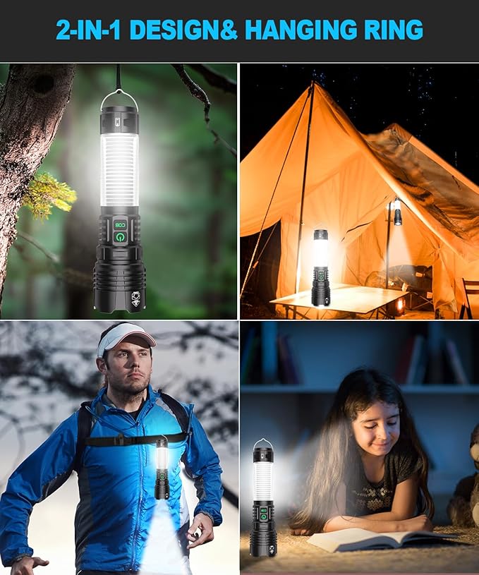Flashlights High Lumens Rechargeable- Super Bright Tactical LED Flashlight,Powerful USB C Flash Light with 360°COB Light, Long Beam 3280Ft,7 Modes,Waterproof Handheld Flashlight for Emergency