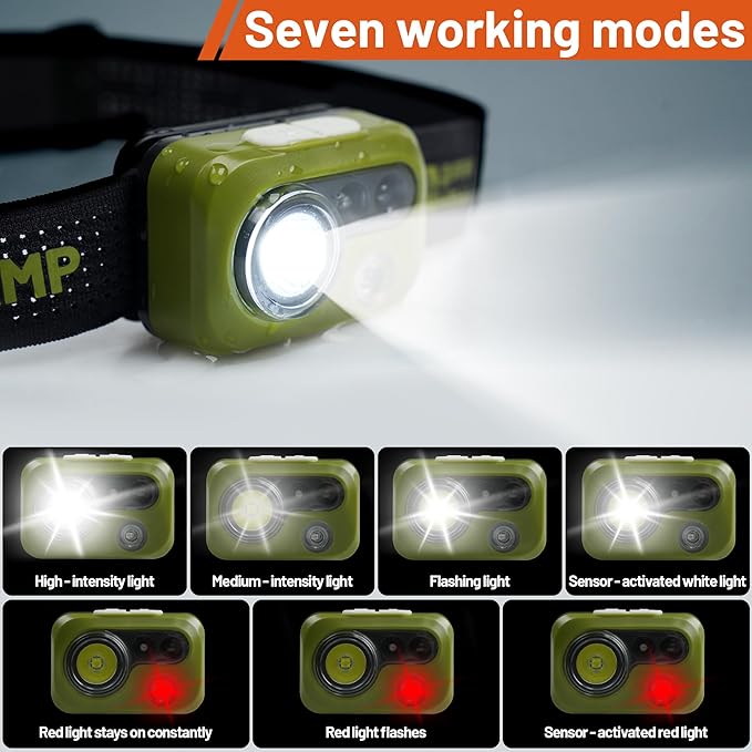 Himalaya LED Headlamp Flashlight, Green Head Lamp with White Red Light, Lightweight Waterproof IPX64 Headlight with Comfortable Headband for Camping Hiking Running Work Travel