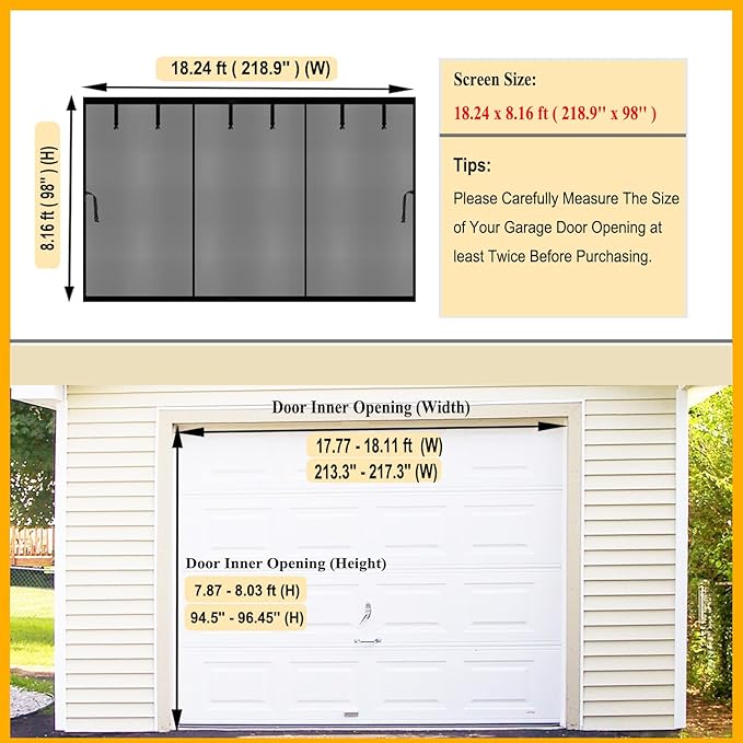 Retractable Garage Door Screen Kit 18x8 FT - Heavy-Duty Fiberglass Mesh Net Screen Door for 2 Car Garage 18x8ft, Easy Installation with Magnetic Closure - Ideal for Patio, Balcony, or Porch