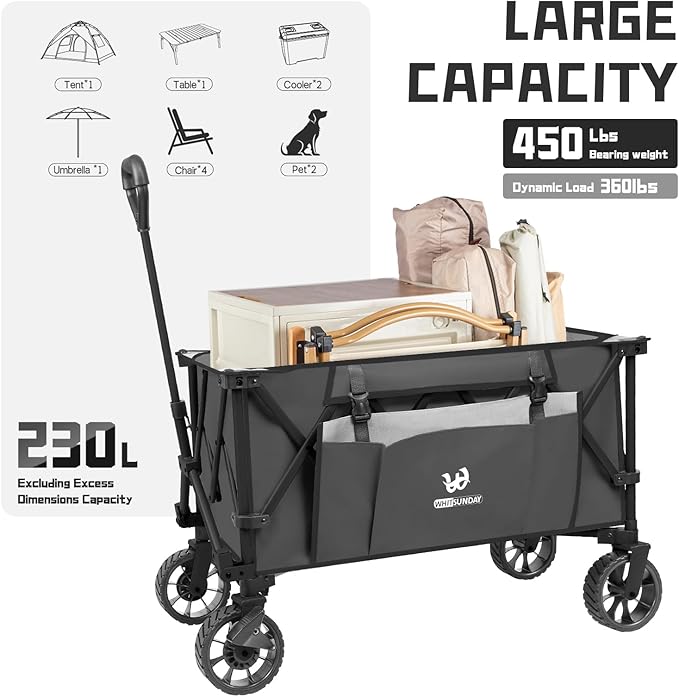 Whitsunday Folding Collapsible Utility Wagon, 400Lbs Heavy Duty Outdoor Park Beach Wagon with Table and Side Pocket for Garden Camping Sports Shopping Grey