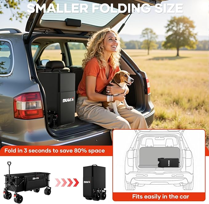 49" L Collapsible Foldable Extended Wagon with 500lbs Weight Capacity,300L Heavy Duty Beach Cart,Large Utility Wagon with Cup Holders,Cart for Sports,Outdoors,Grocery,Shopping,Black