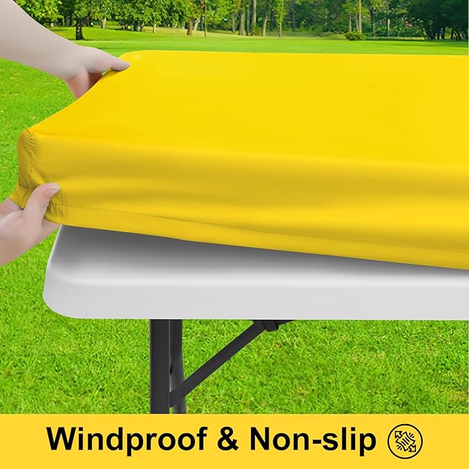 Smiry Picnic Table Cover with Bench Covers, Waterproof Elastic Fitted Polyester Tablecloths for 6 Ft Rectangle Tables, Washable Windproof Tablecloth for Camping, RV & Outdoor (Yellow, 30x72 Inches)