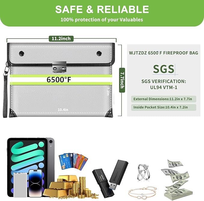 6500°F Fireproof Document Bag with Lock,Upgraded Fireproof/Waterproof Money Bag with Zipper/Reflective Strip,Storage Pouch for A4 Letter Size Document,Cash,Cell Phone,Passport
