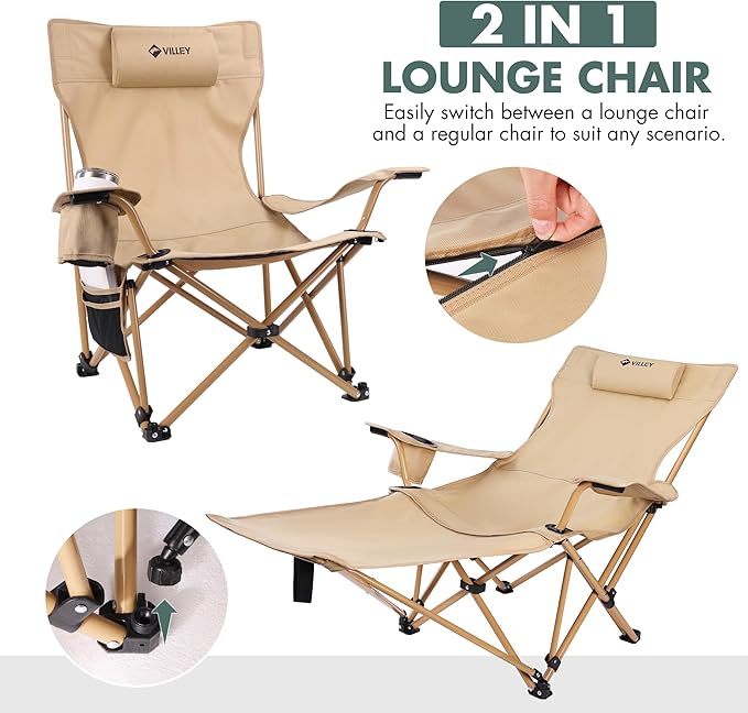 VILLEY Reclining Camping Lounge Chair Adjustable Foldable Chair for Adults with Removable Footrest, Headrest & Storage Bag Supports Up to 330 LBS Beige