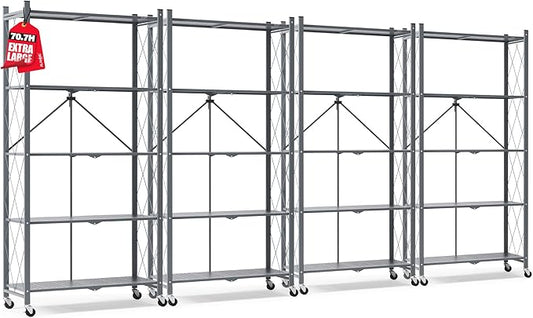 ALANNG 70.7" H Metal Storage Shelves, 5 Tier Folding Shelf on Wheels, Heavy Duty, No Assembly, Rolling, Collapsible Rack Unit for Kitchen, Basement, Pantry (Gray,4 Pack)