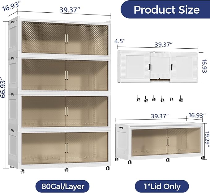 320GAL Extra Large Stackable Storage Bins with Lid, 1280QT Plastic Closet Organizer and Storage Cabinet with Wheels and Doors, Folding Storage Box Container for Home Organization, 4Pack White